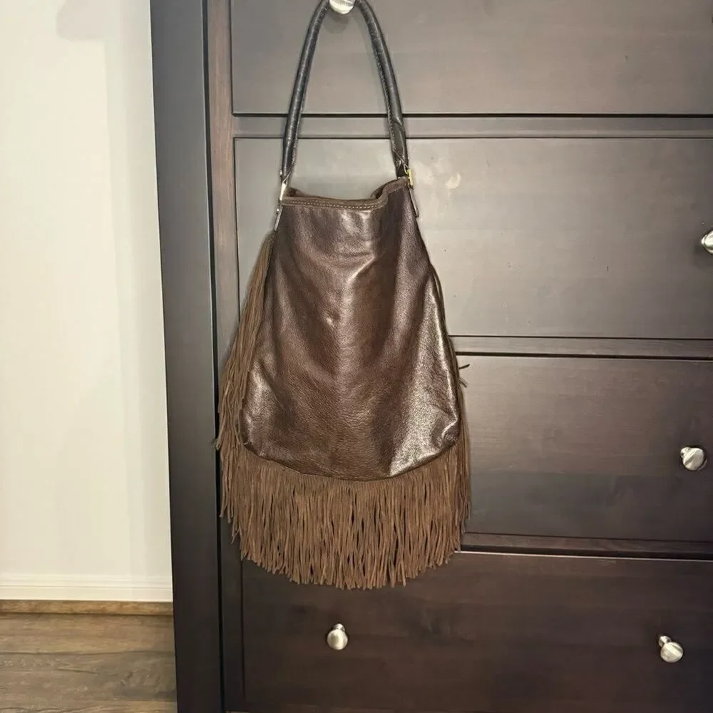 Tory Burch Dark Brown Fringed Leather Suede Hobo Bag